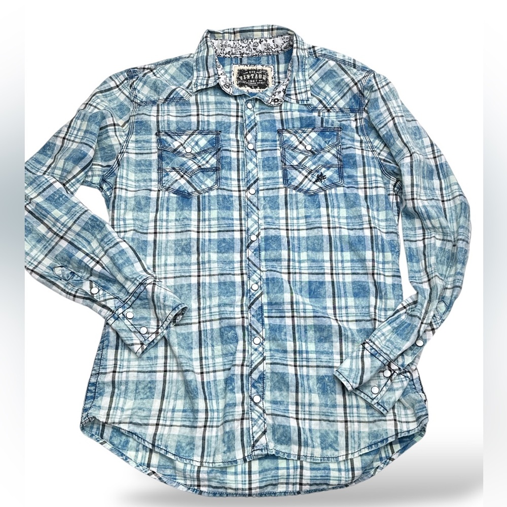 BKE Shirt Vintage Wash Athletic Fit Men’s Pearl Snap Plaid Light Blue Size Large